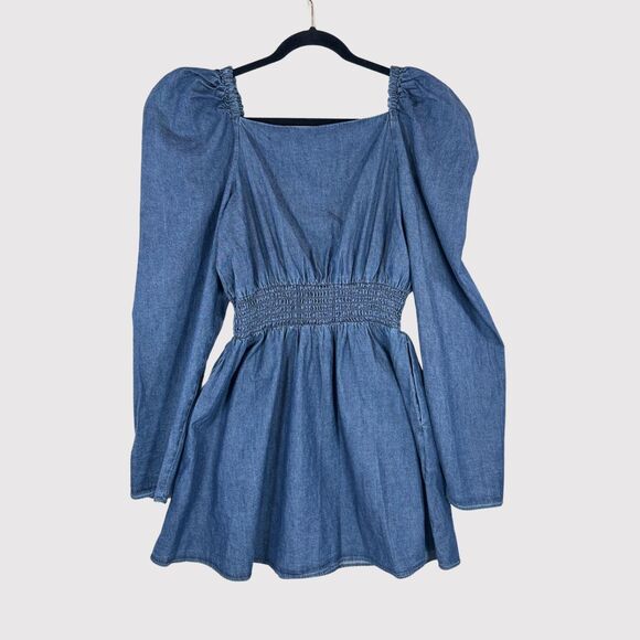 Free People Womens Dress Molly Mini Chambray Puff Sleeve Smocked A Line Large - Picture 3 of 11